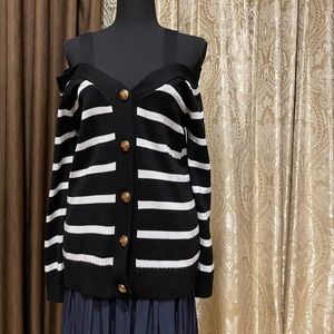 knitted striped off-shoulder sweater